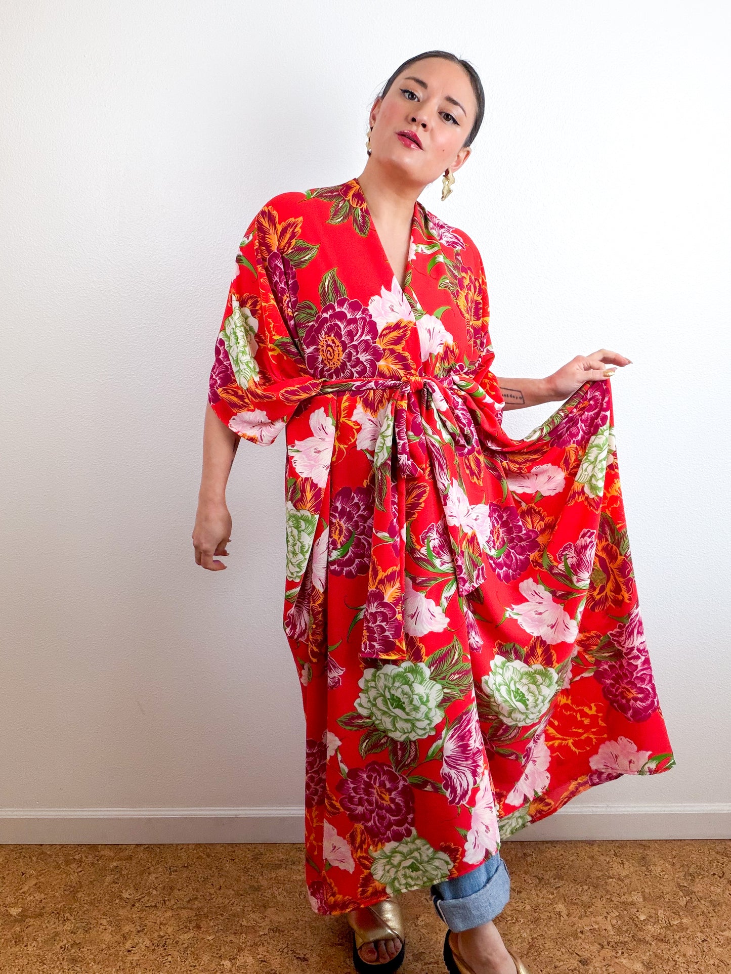 Print High Low Kimono Red Peony Bubble Crepe