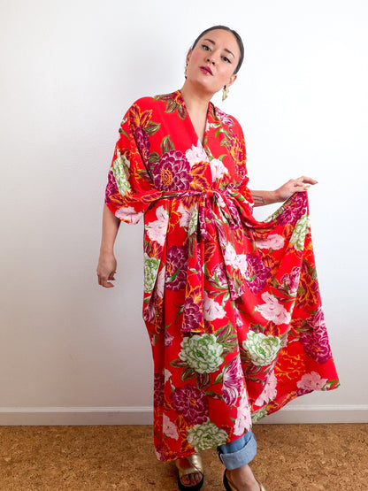 Print High Low Kimono Red Peony Bubble Crepe