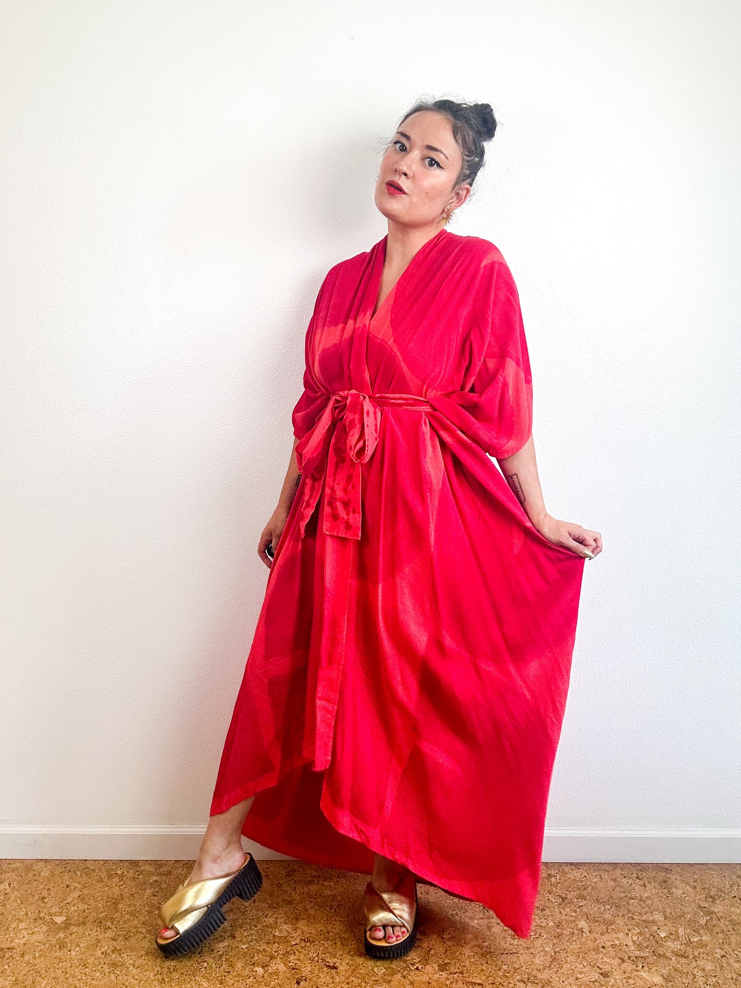 Hand-Dyed High Low Kimono Coral Fuchsia Arc