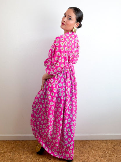 Print High Low Kimono Hot Pink Daisy Chiffon