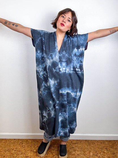 Hand-Dyed Midi Sweatshirt Smock Dress Blue Black Tie