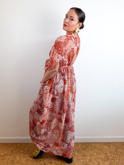 Print High Low Kimono Rust Floral Chiffon