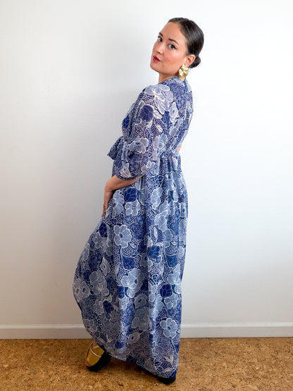 Print High Low Kimono Navy Floral Chiffon
