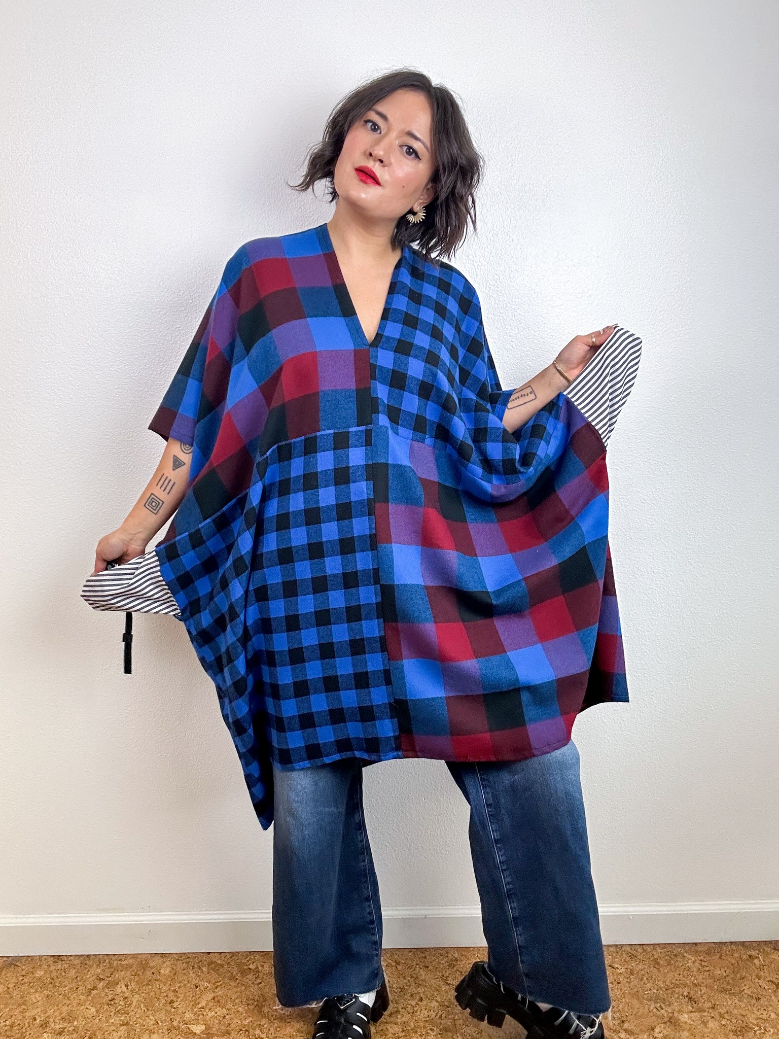 Oversized Patchwork Plaid Smock Dress Blue Jewel