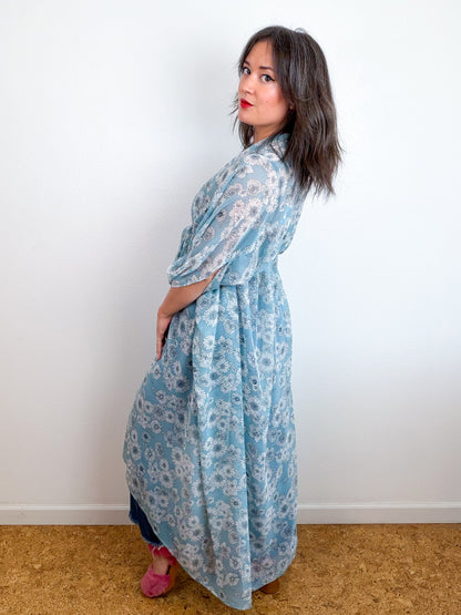 Print High Low Kimono Powder Blue Floral Chiffon