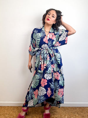 Print High Low Kimono Navy Tropical Georgette