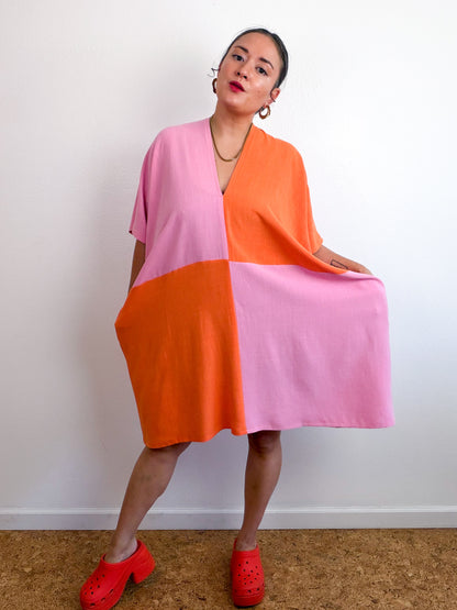 Linen Blend Caftan Dress Pink Orange Color Block
