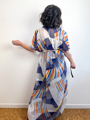 Print High Low Kimono Orange Geo Lines Chiffon