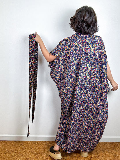 Print High Low Kimono Navy Mini Floral Crepe de Chine