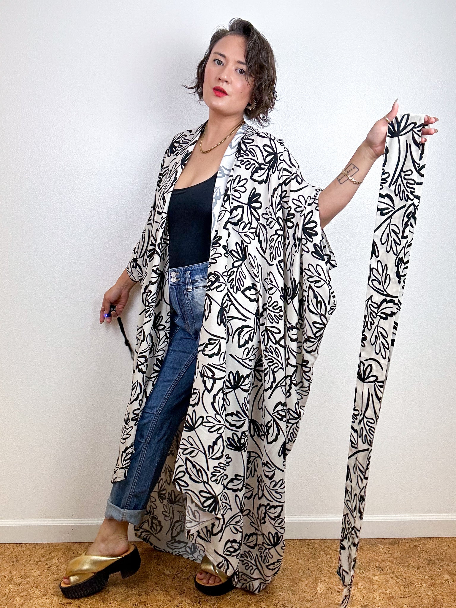 Print High Low Kimono Ivory Black Georgette