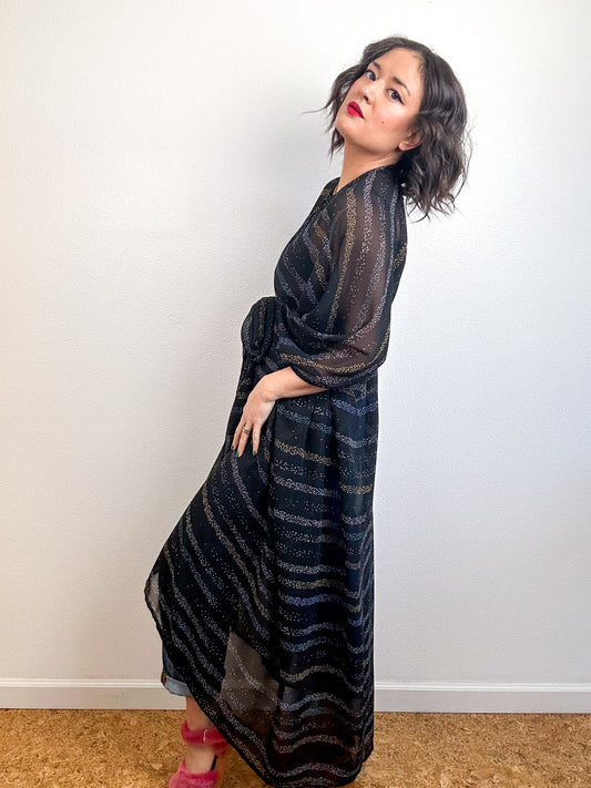 Print High Low Kimono Black Sprinkle Stripe Chiffon