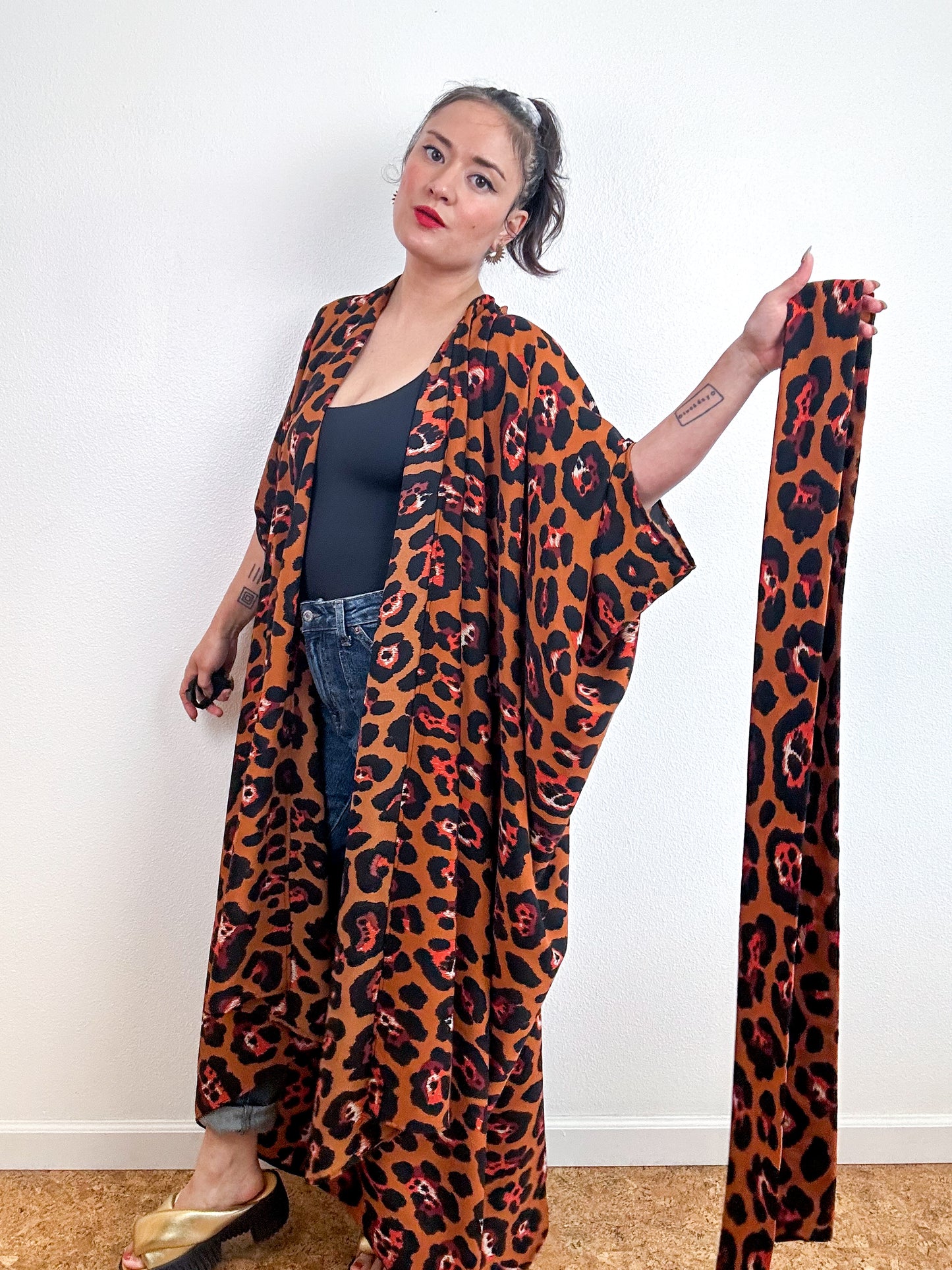 Print High Low Kimono Copper Leopard Georgette