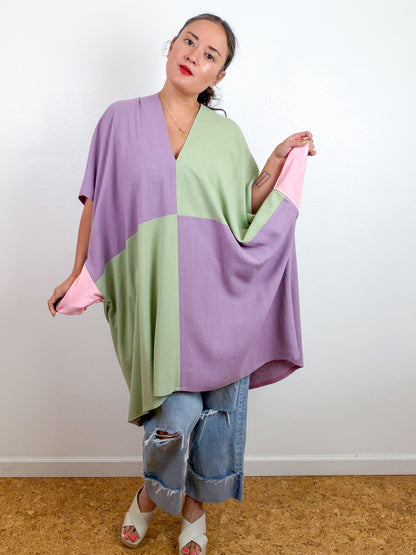 Linen Blend Caftan Dress Lavender Sage Color Block