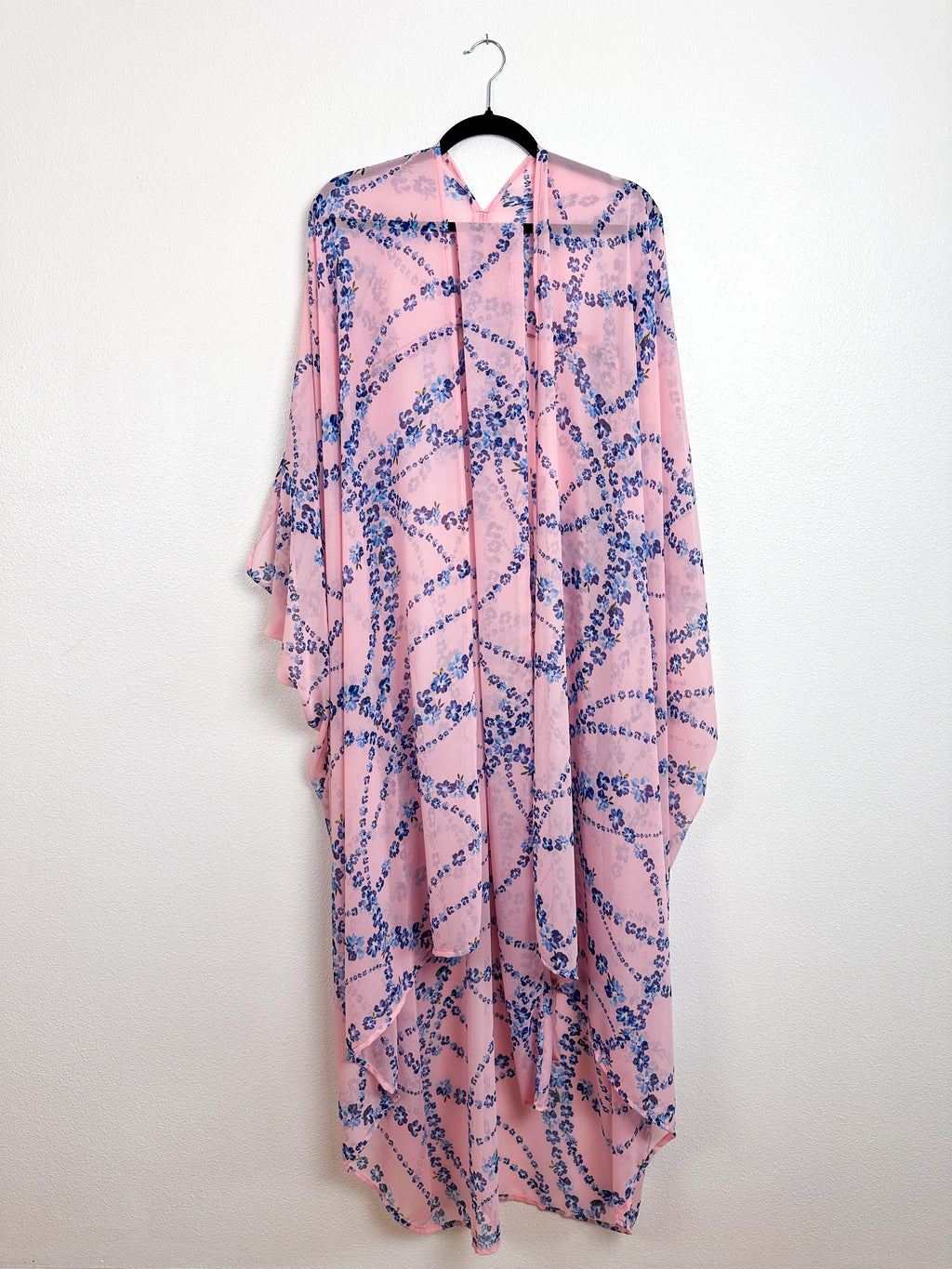 Print High Low Kimono Pink Blue Floral Chiffon