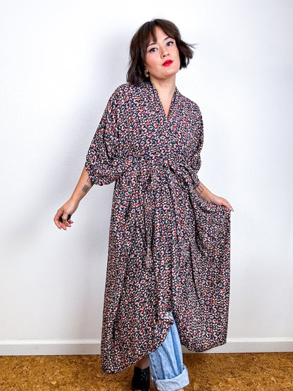 Print High Low Kimono Black Mini Ikat Challis
