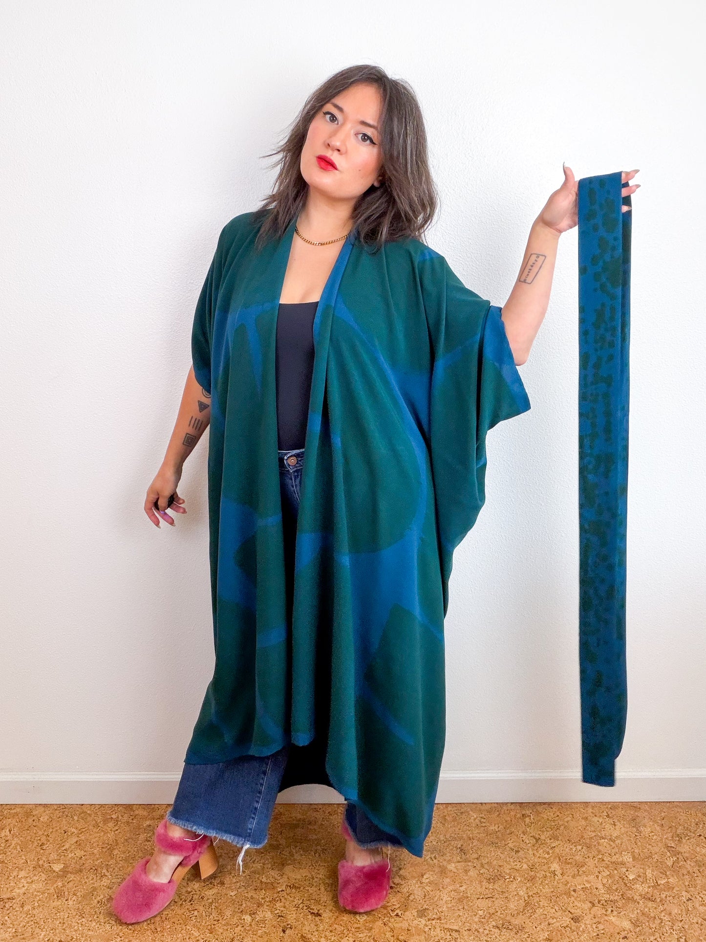 Hand-Dyed High Low Kimono Teal Forest Arc