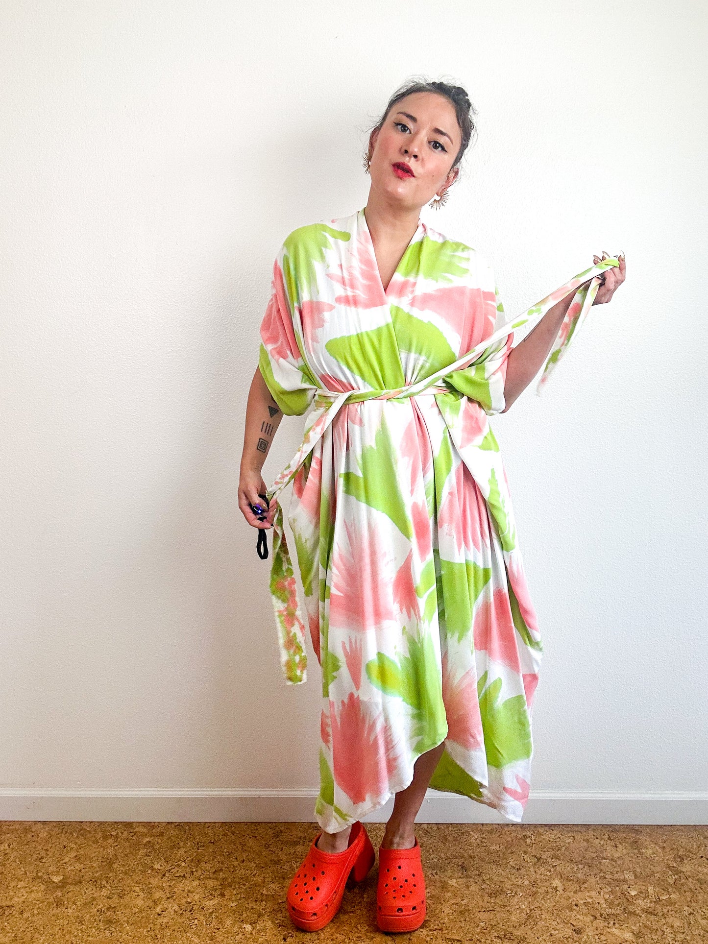 Hand-Dyed High Low Kimono Lime Peach Painterly