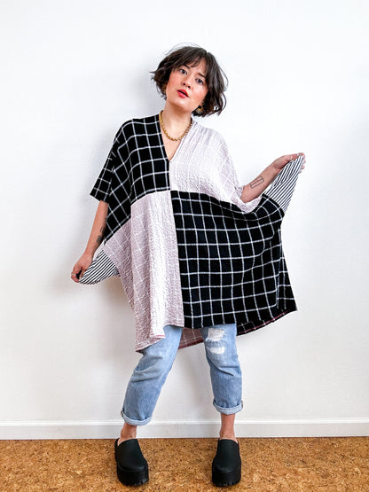 Oversized Windowpane Seersucker Smock Dress Black Rose
