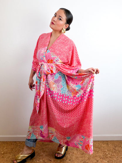 Print High Low Kimono Coral Pebble Bubble Crepe