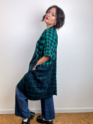 Oversized Patchwork Plaid Smock Dress Green Navy