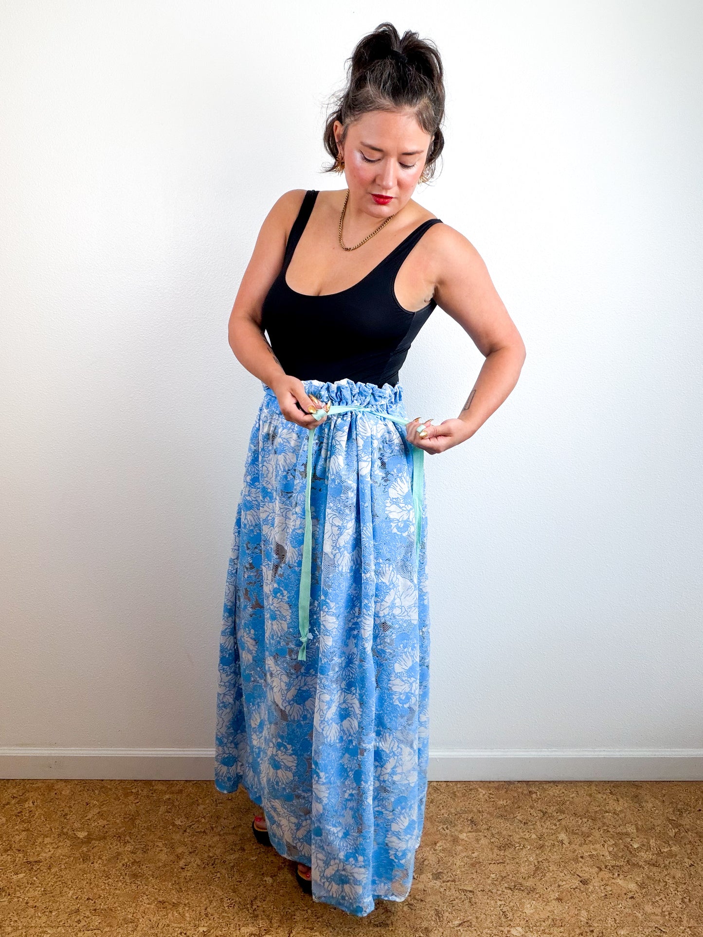 THE SKIRT Turquoise Floral Mesh Lace