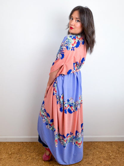 Print High Low Kimono Peach Blue Layered Tropical Bubble Crepe