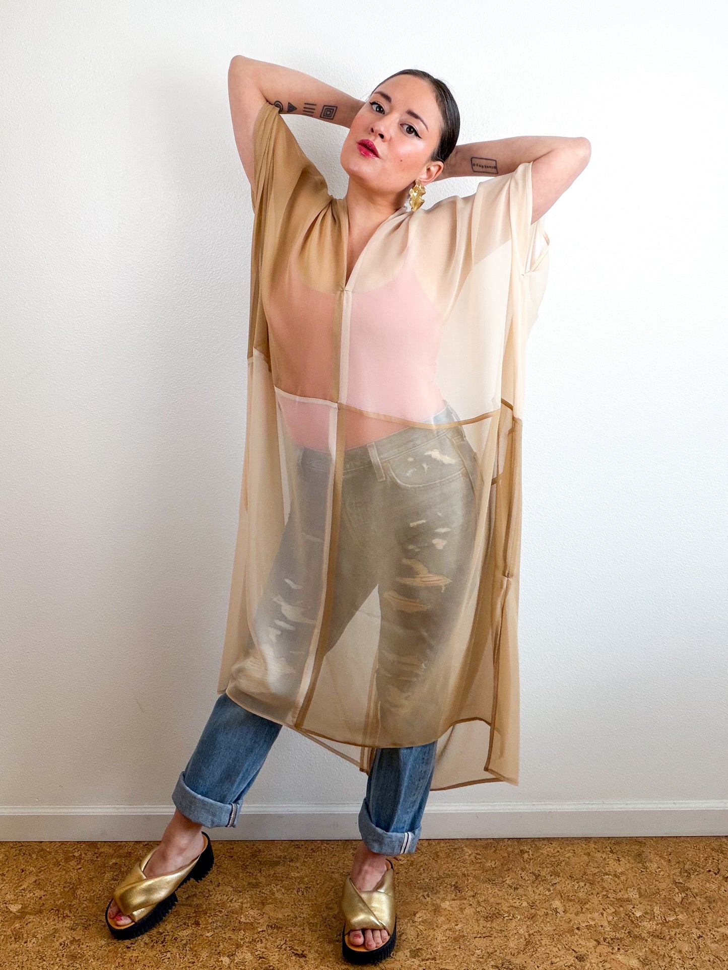 SILK Color Block Midi Caftan Dress Ivory Fawn