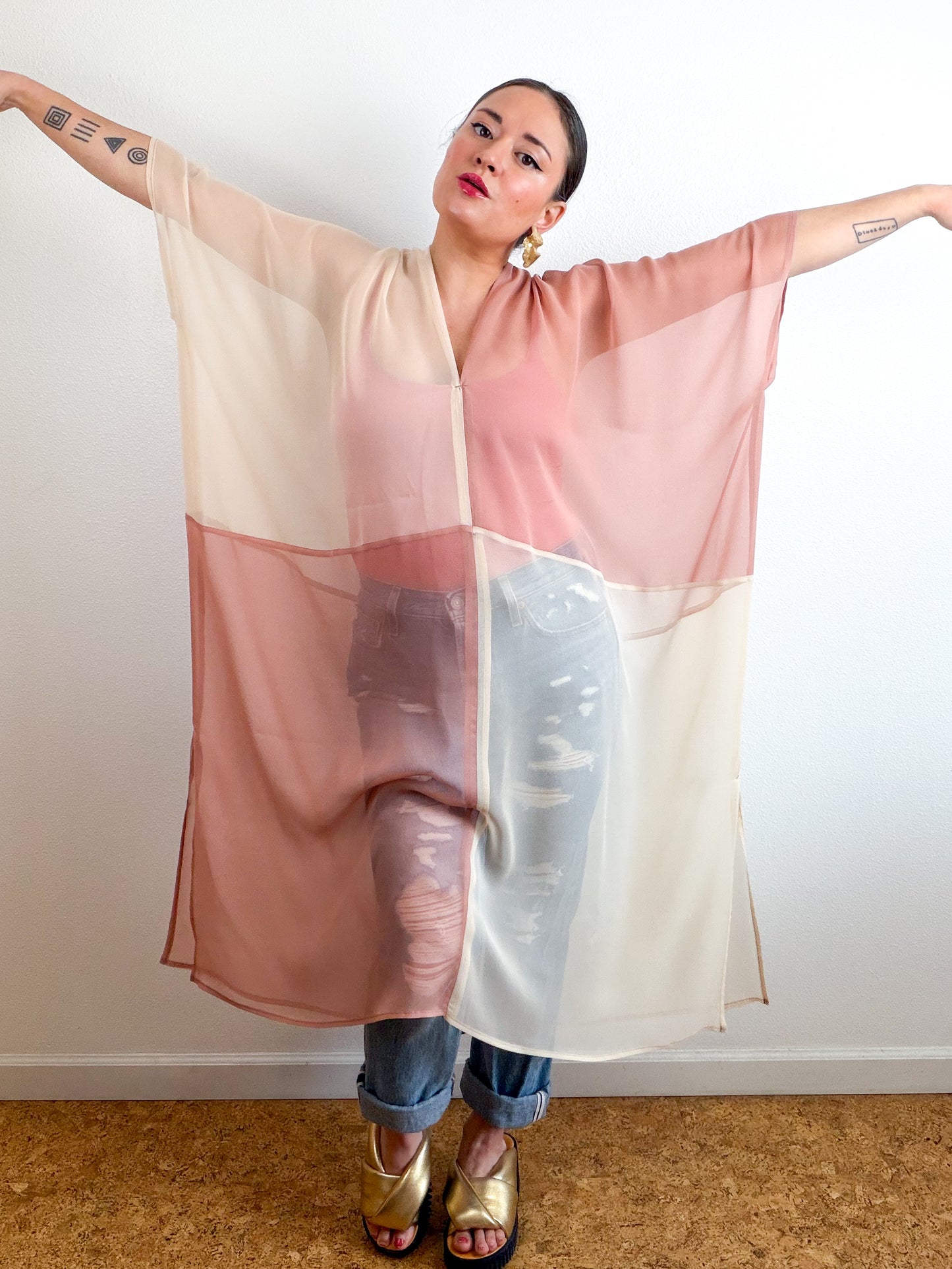 SILK Color Block Midi Caftan Dress Ivory Blush