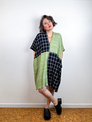 Oversized Windowpane Seersucker Smock Dress Black Sage