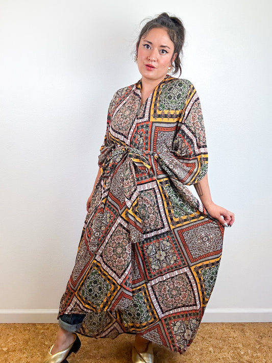 Print High Low Kimono Earthy Patchwork Crinkle Challis