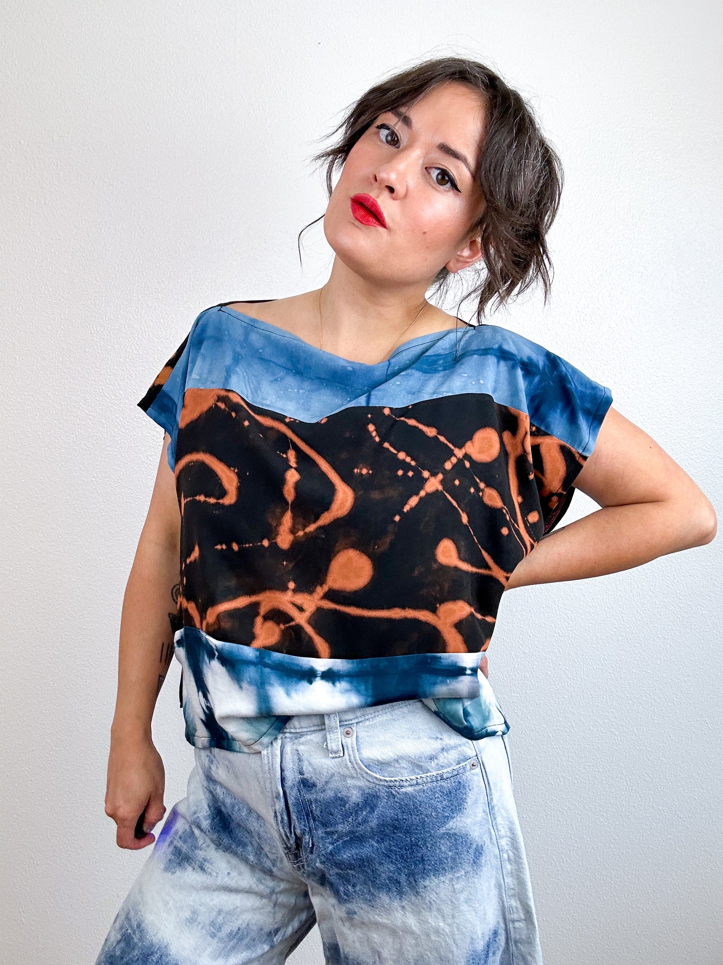 Hand-Dyed Bamboo Scrappy Crop Teal Black Rust Mix