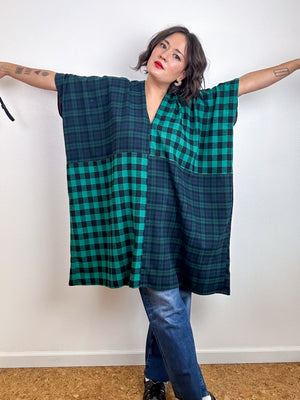 Oversized Patchwork Plaid Smock Dress Green Navy