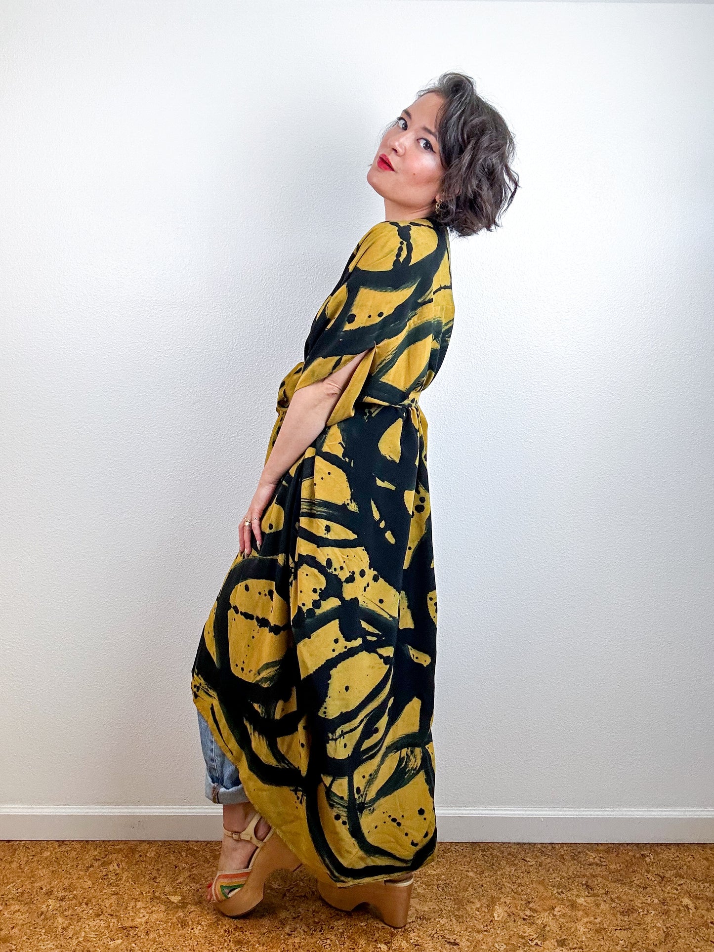Hand-Dyed High Low Kimono Marigold Black Sumi