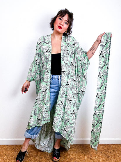 Print High Low Kimono Mint Cheetah Leaf Challis