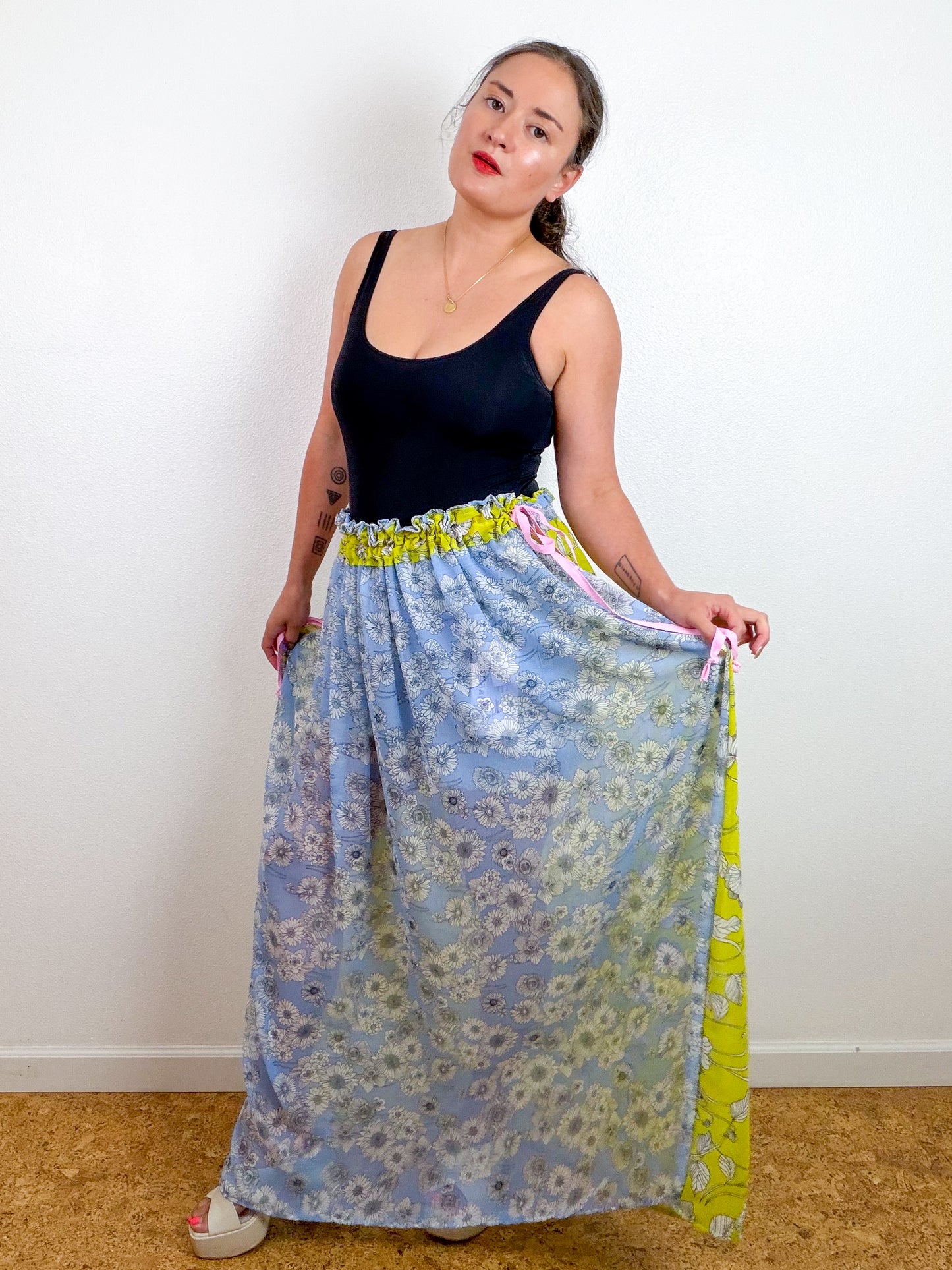 THE SKIRT Light Blue Lemon Yellow Floral Reversible Chiffon