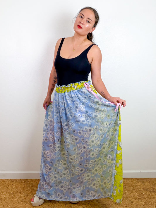 THE SKIRT Light Blue Lemon Yellow Floral Reversible Chiffon