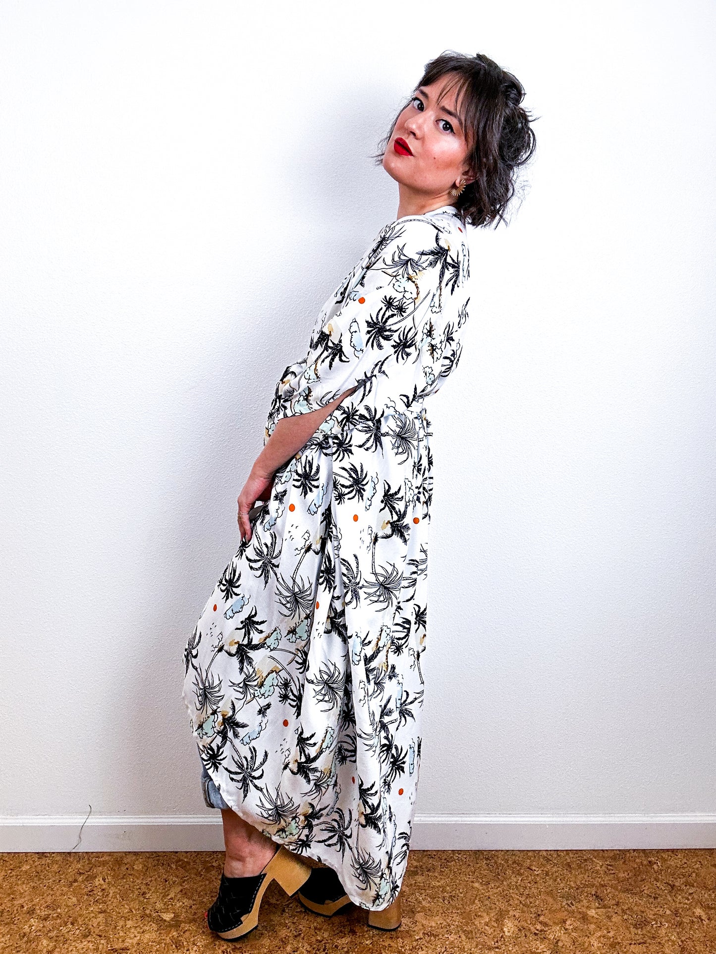 Print High Low Kimono White Palms Challis