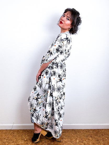 Print High Low Kimono White Palms Challis