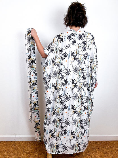 Print High Low Kimono White Palms Challis