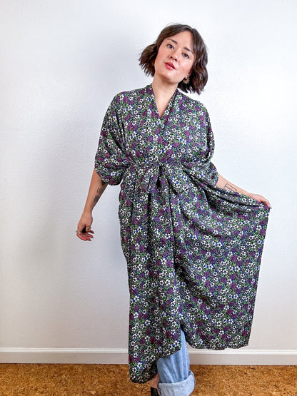 Print High Low Kimono Black Purple Mini Floral Crepe de Chine