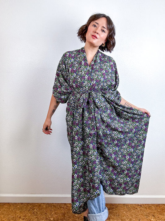 Print High Low Kimono Black Purple Mini Floral Crepe de Chine