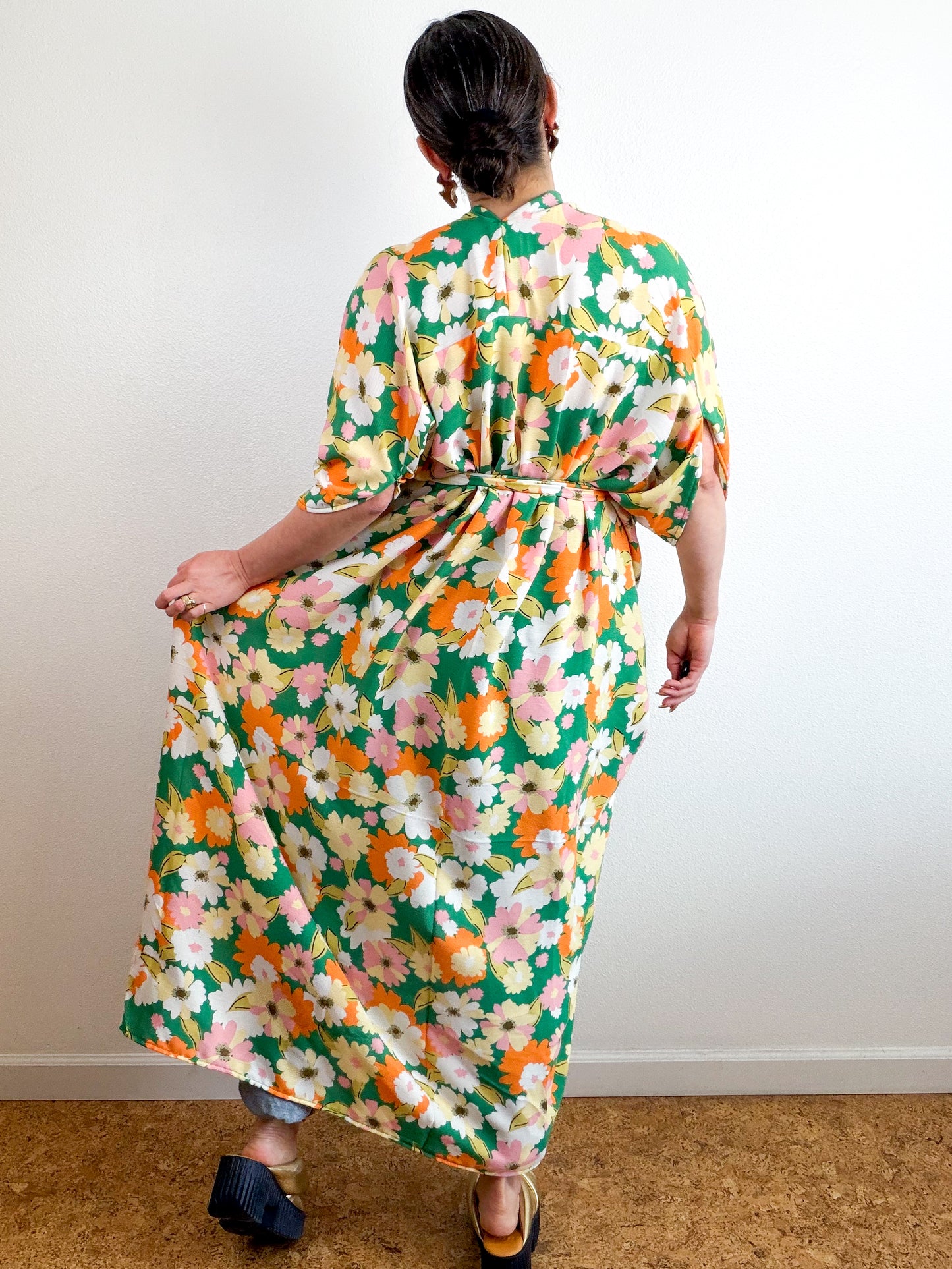 Print High Low Kimono Green Orange Floral Crinkle Challis