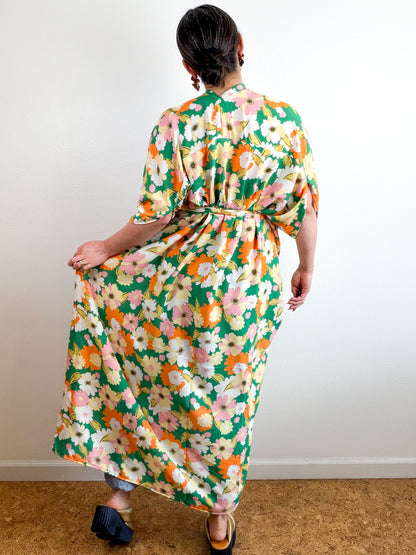 Print High Low Kimono Green Orange Floral Crinkle Challis