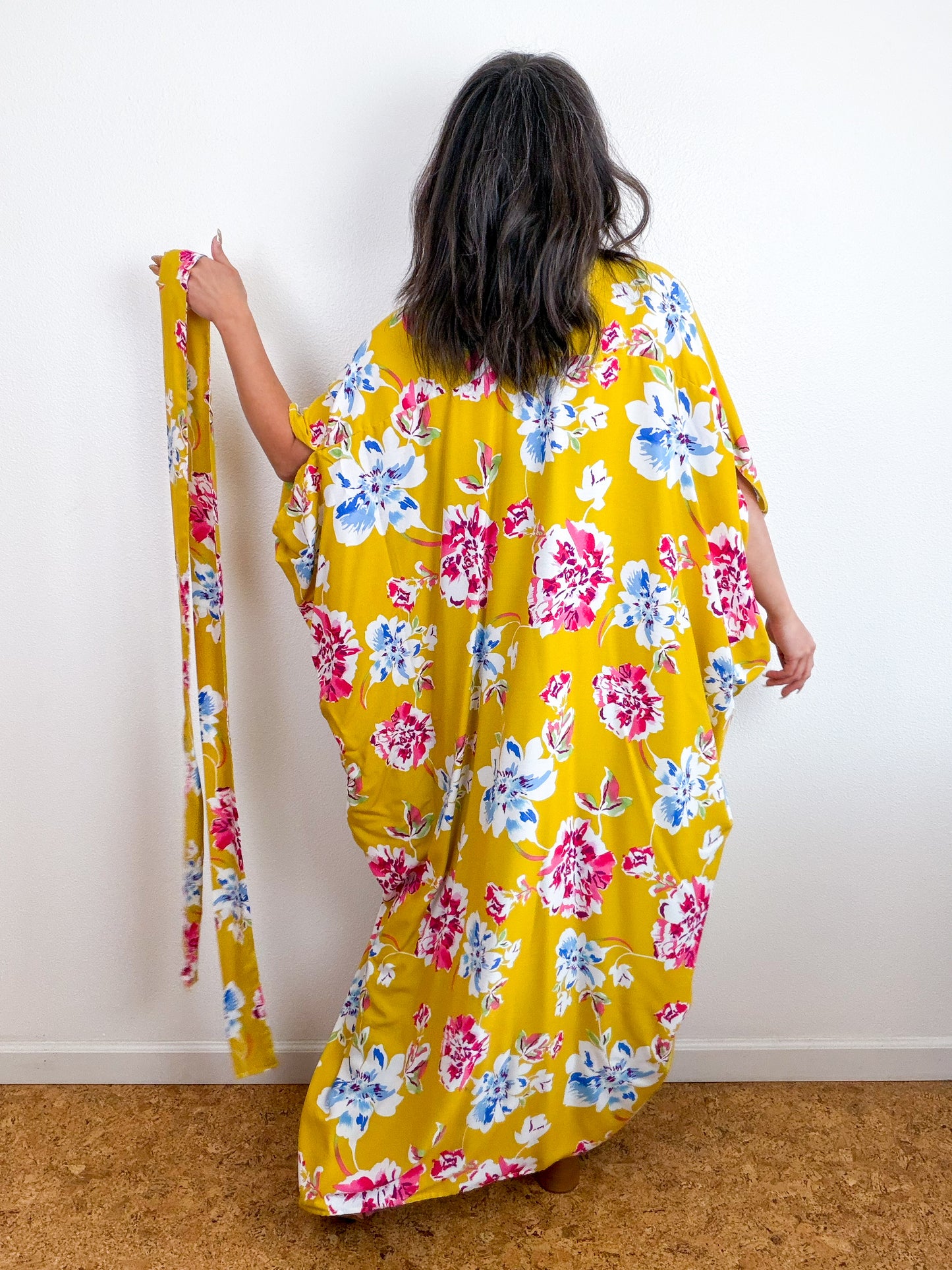 Print High Low Kimono Mustard Floral Challis