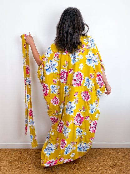 Print High Low Kimono Mustard Floral Challis
