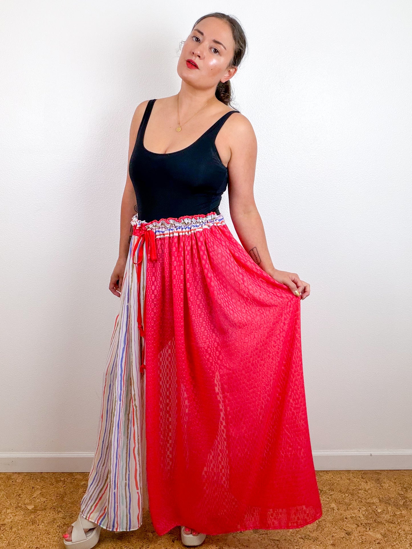 THE SKIRT Scarlet Dots Multi Stripes Reversible Chiffon
