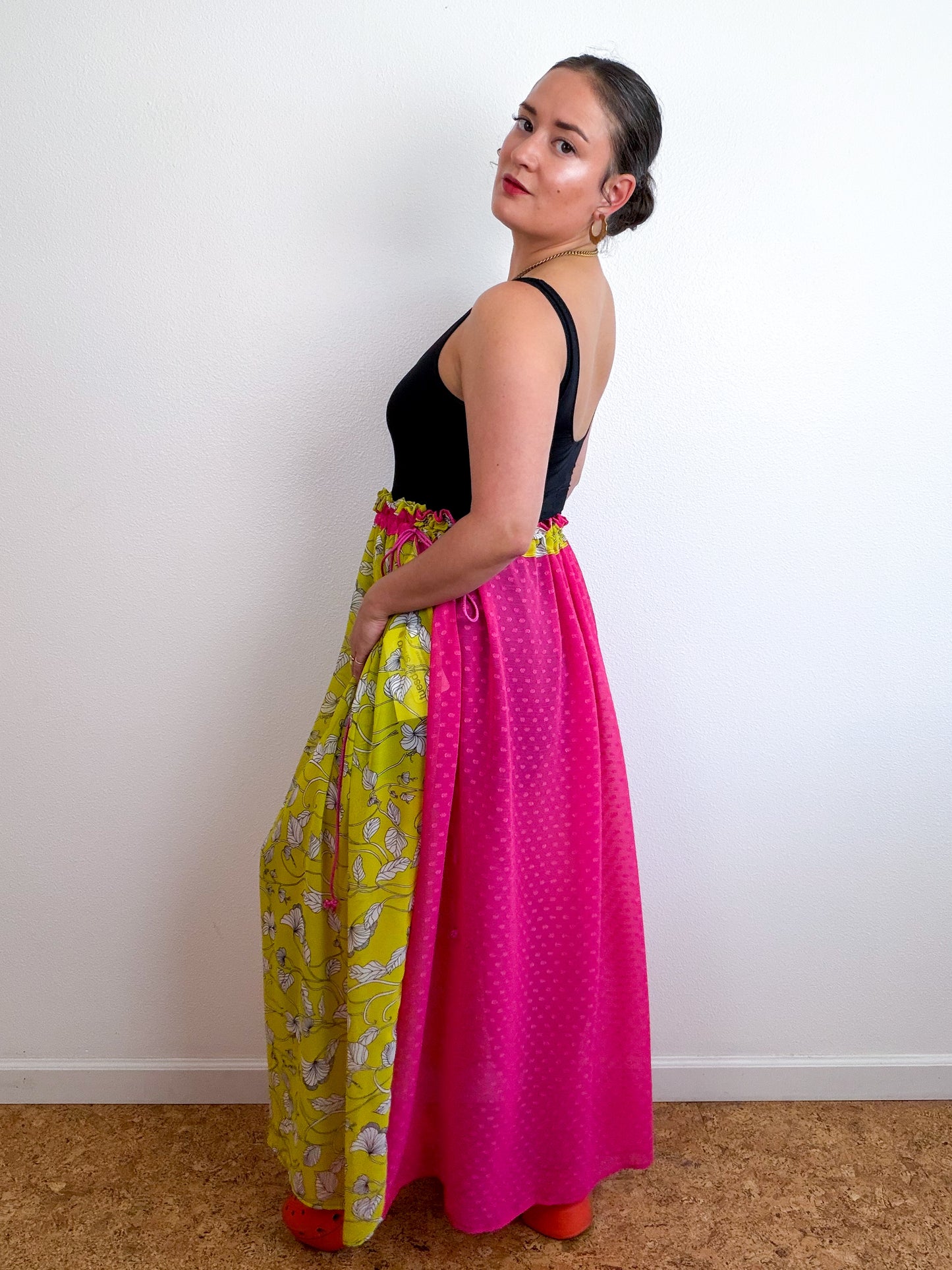 THE SKIRT Yellow Floral Fuchsia Swiss Dot Reversible Chiffon