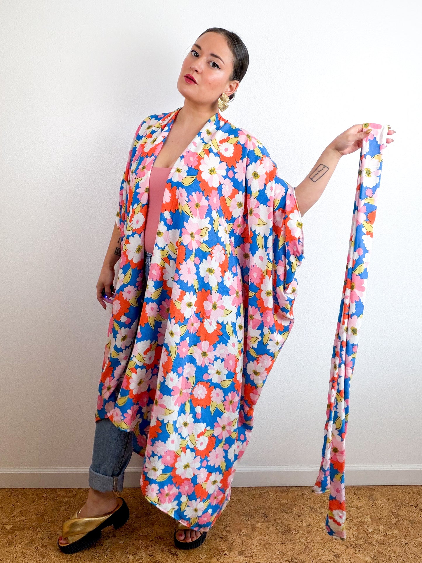 Print High Low Kimono Turquoise Orange Crinkle Challis