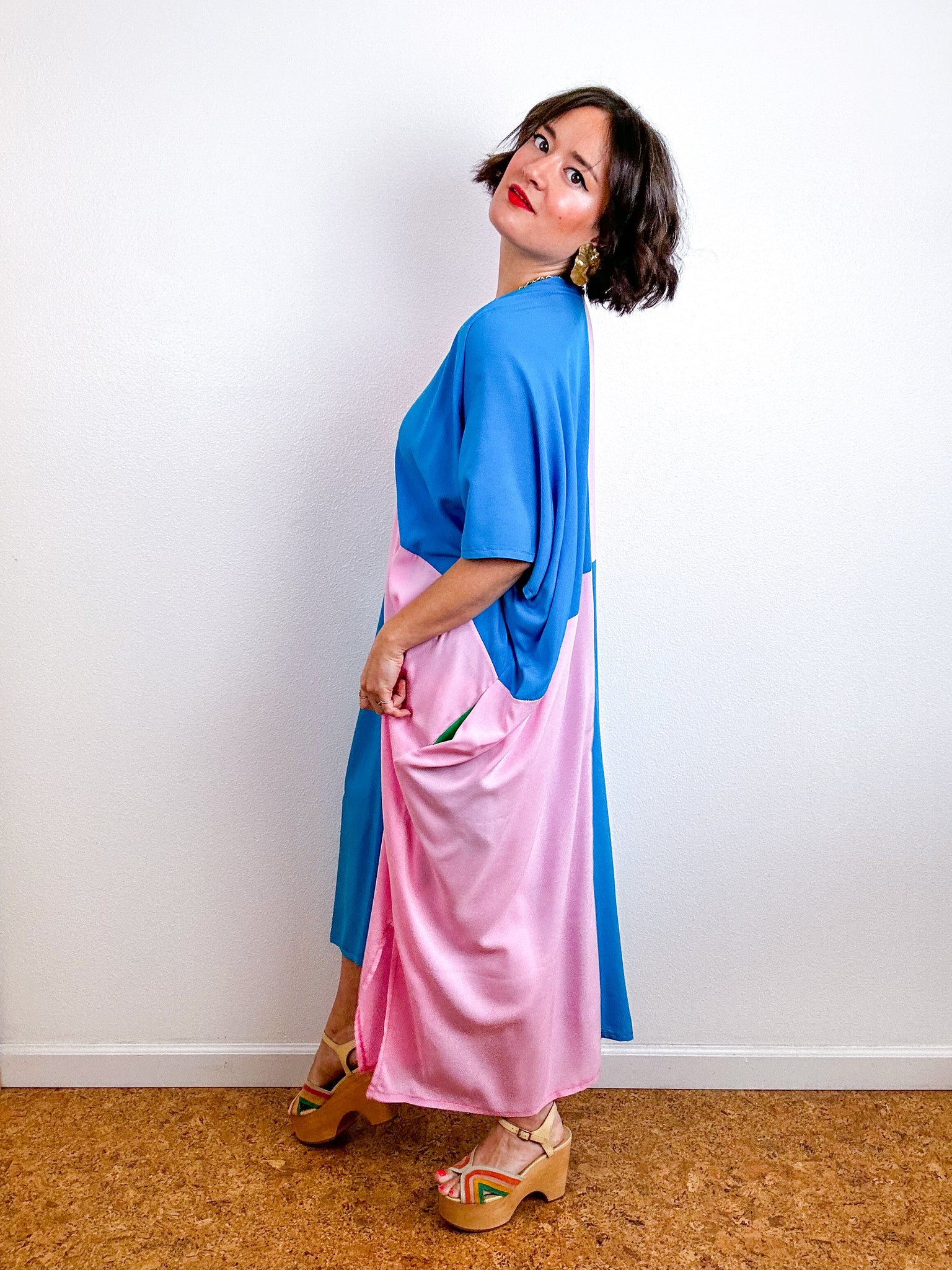 Color Block Midi Caftan Dress Turquoise Pink