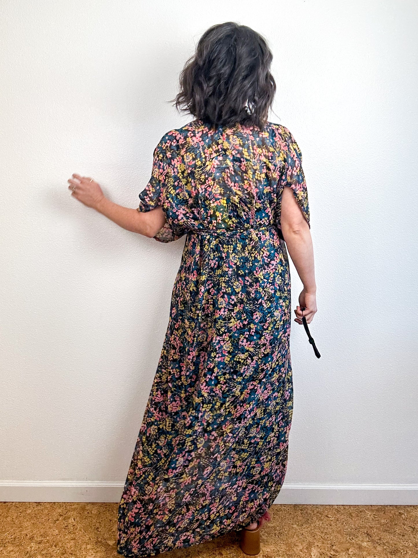 Print High Low Kimono Black Metallic Floral Crinkle Chiffon